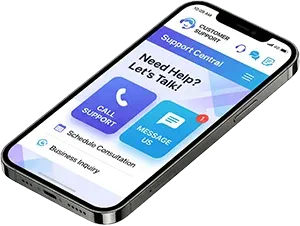 3D smartphone displaying a customer support app interface with call and message buttons.