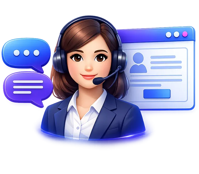Professional 3D business consultant illustration wearing a headset with microphone, surrounded by speech bubbles and a website interface window. Blue and purple gradient accents with soft glow effects represent one-on-one website support, customer assistance, direct communication, and personalized business guidance on a transparent background.