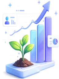 Business growth icon featuring a young plant growing beside an upward analytics chart and rising graph, representing business growth, customer acquisition, and long-term online success.