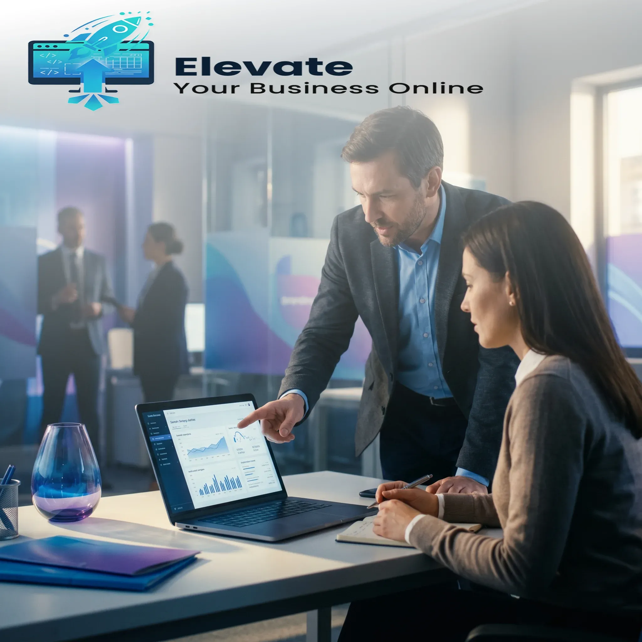 Business consultant reviewing website analytics and growth strategy with a client during a professional office meeting.