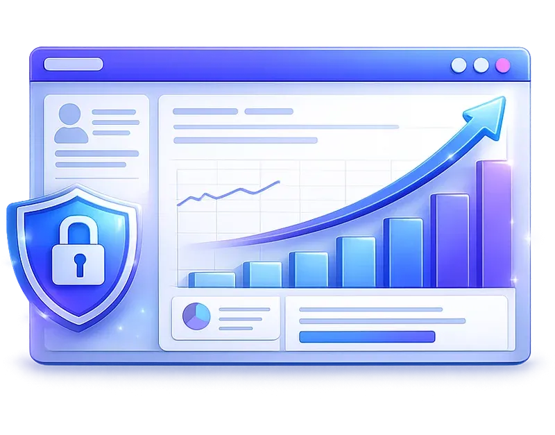 3D business growth dashboard illustration featuring an upward-trending chart, performance analytics, and a secure shield icon with a padlock. Blue and purple gradient accents with soft glow effects represent website growth, scalability, performance optimization, security, and long-term business success on a transparent background.