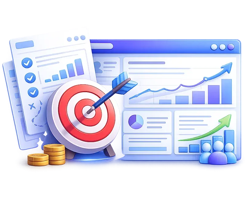 3D business strategy illustration featuring a target bullseye with an arrow, analytics dashboard, growth charts, strategy documents, customer engagement icons, and performance metrics. Blue and purple gradient accents represent business planning, conversion optimization, customer acquisition, marketing strategy, and measurable business growth on a transparent background.