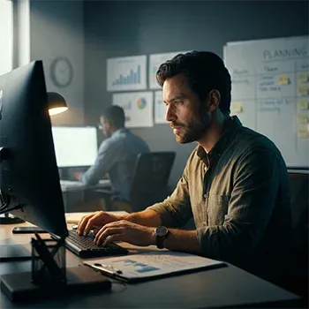 A focused content strategist researching keywords on a desktop computer in a modern office setting, with data charts and a planning whiteboard visible in the background.