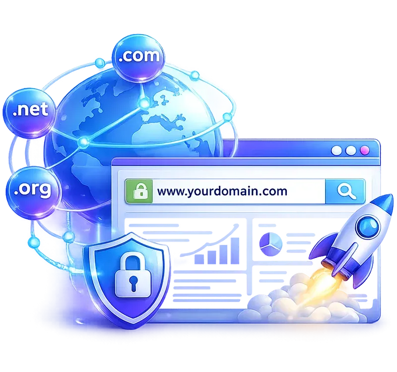 3D domain management illustration featuring a connected globe, DNS network nodes, secure website browser window, shield security icon, and website launch rocket. Blue and purple gradient accents represent domain registration, DNS configuration, domain transfers, website launches, SSL security, and global website connectivity on a transparent background.