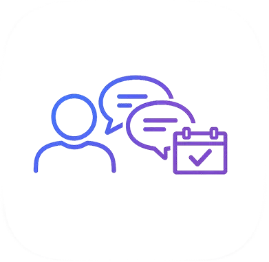 Minimal line icon featuring a person outline, speech bubbles, and a calendar with a checkmark, representing a free consultation, appointment booking, and business discussion. Designed with a blue-to-purple gradient inside a rounded square container.