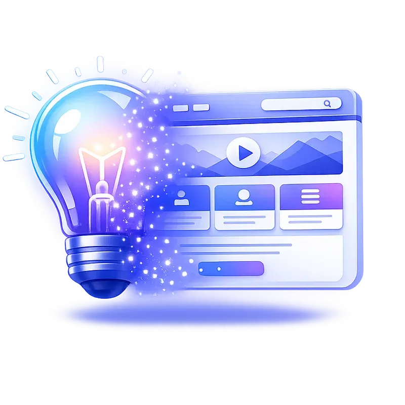 Glowing 3D lightbulb transforming into a modern website interface, symbolizing the conversion of business ideas into a professional online presence. Blue and purple gradient accents, floating particles, and a clean SaaS-inspired design create a modern digital transformation concept.