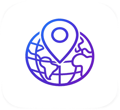 Minimal line-style icon featuring a location pin positioned over a globe, symbolizing worldwide service coverage. Designed with a blue-to-purple gradient, soft shadows, and a transparent background inside a rounded square container.
