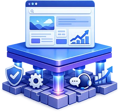 Professional 3D illustration of a business website platform supported by glowing foundation pillars, surrounded by security, maintenance, customer support, and growth icons. Blue and purple gradient accents symbolize long-term website stability, reliability, and ongoing business success.
