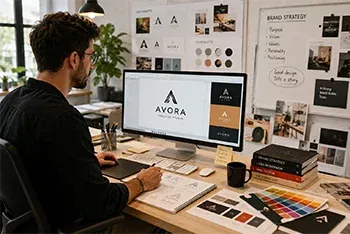 Creative designer developing logo concepts and brand identity materials at a modern workstation, surrounded by color palettes, branding mockups, strategy boards, and design assets in a professional agency environment.