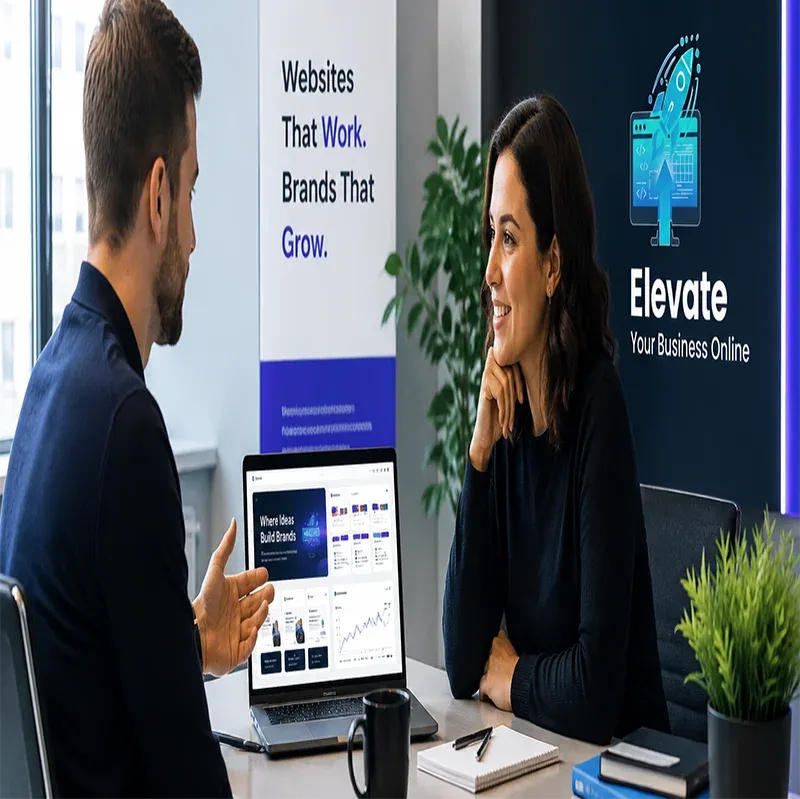Website designer and small business owner discussing a website project in a modern office, reviewing website wireframes, analytics dashboards, and branding concepts on a laptop, with the Elevate Your Business Online logo displayed on the wall.
