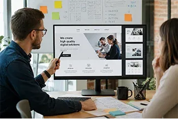 Professional web designer reviewing website layouts on a large monitor during a website planning session in a modern office workspace, with wireframes, design sketches, and UX/UI concepts visible, creating a collaborative and professional web development environment.