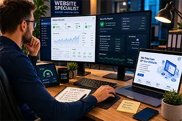 Website specialist reviewing website updates, security reports, backups, and maintenance tasks across multiple monitors in a professional office environment, proactive website management and technical support concept.