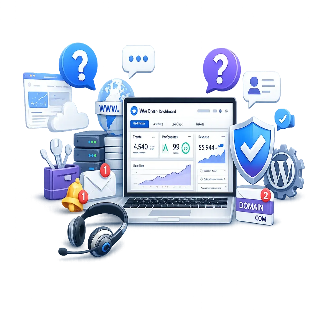 Professional website support dashboard illustration featuring a laptop, customer support chat icons, security shield, FAQ symbols, and website management tools representing website maintenance, technical support, and business assistance.