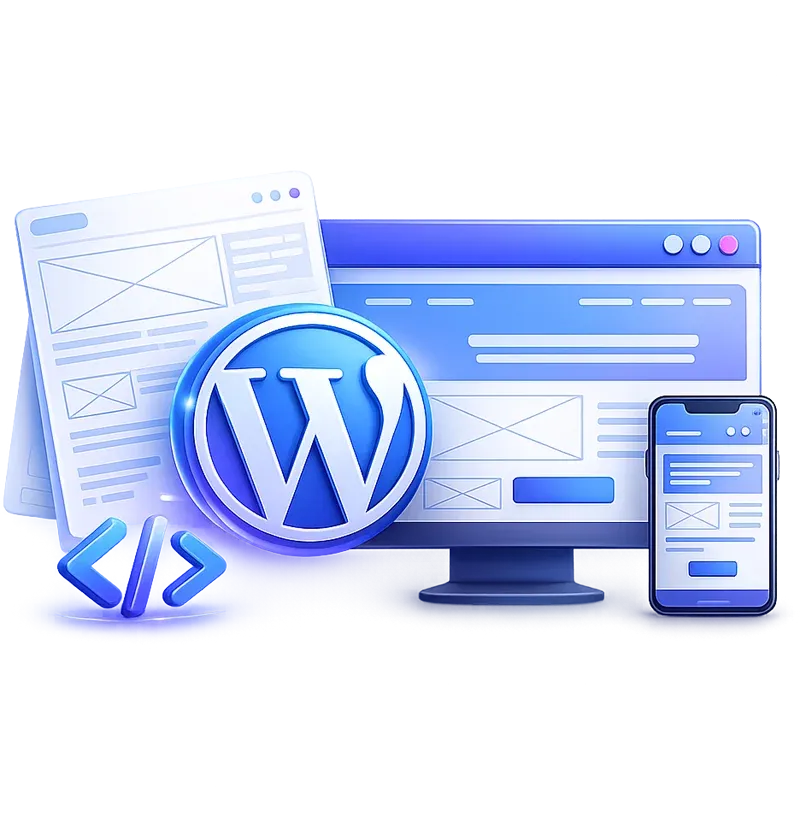 3D responsive website design illustration featuring the WordPress logo, desktop monitor, mobile device, website wireframes, and coding brackets. Blue and purple gradient accents with soft glow effects represent custom website development, responsive web design, WordPress solutions, and mobile-friendly business websites on a transparent background.