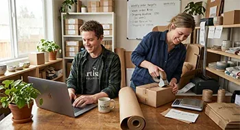 A smiling man works on a laptop while a woman happily uses a tape gun on a shipping box next to him at a wooden desk in a small business production studio filled with shelves of artisan ceramics and packing supplies.