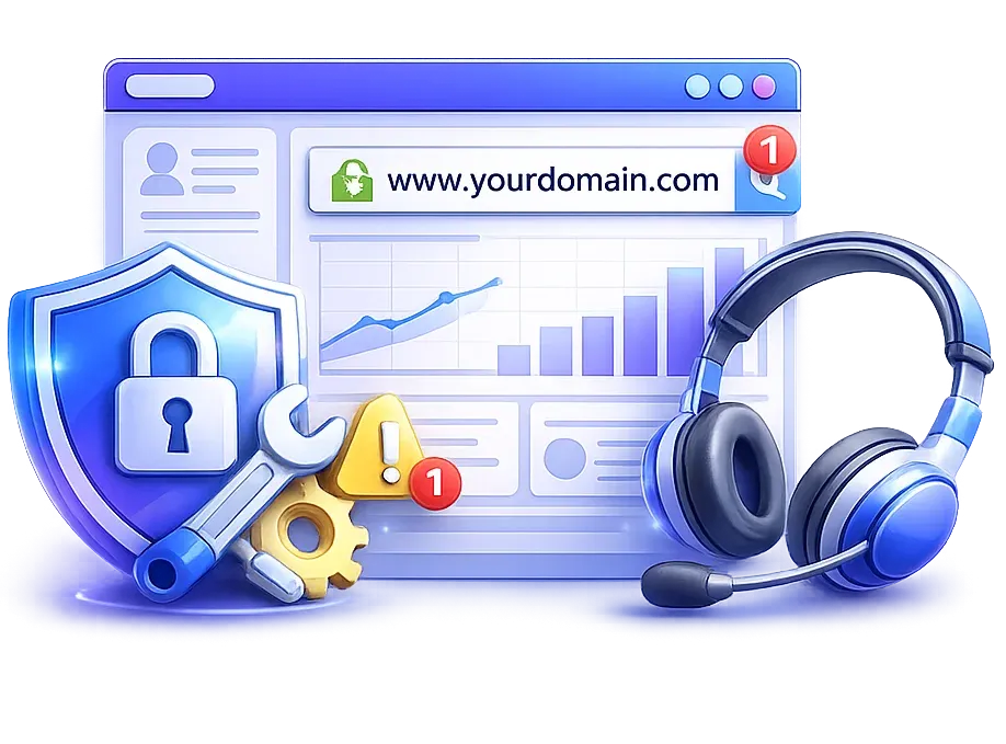 3D website maintenance and support illustration featuring a website monitoring dashboard, security shield, maintenance tools, support headset, notifications, and performance analytics. Blue and purple gradient accents with soft glow effects represent website care plans, ongoing maintenance, security monitoring, software updates, technical support, and proactive website management on a transparent background.