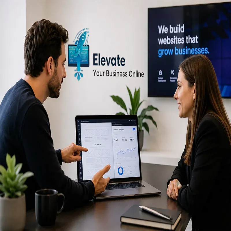 Professional website consultant and small business owner discussing a website project in a modern office. A laptop displays website wireframes and analytics dashboards while the Elevate Your Business Online logo is featured on the wall, representing collaboration, trust, and business growth through professional web design services.