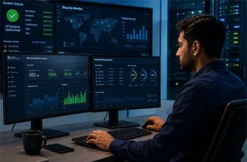 IT professional monitoring website performance and hosting infrastructure on multiple screens in a secure server environment, analyzing uptime, server health, and network performance from a modern workstation.