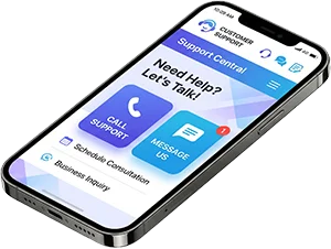3D smartphone displaying a customer support app interface with call and message buttons.