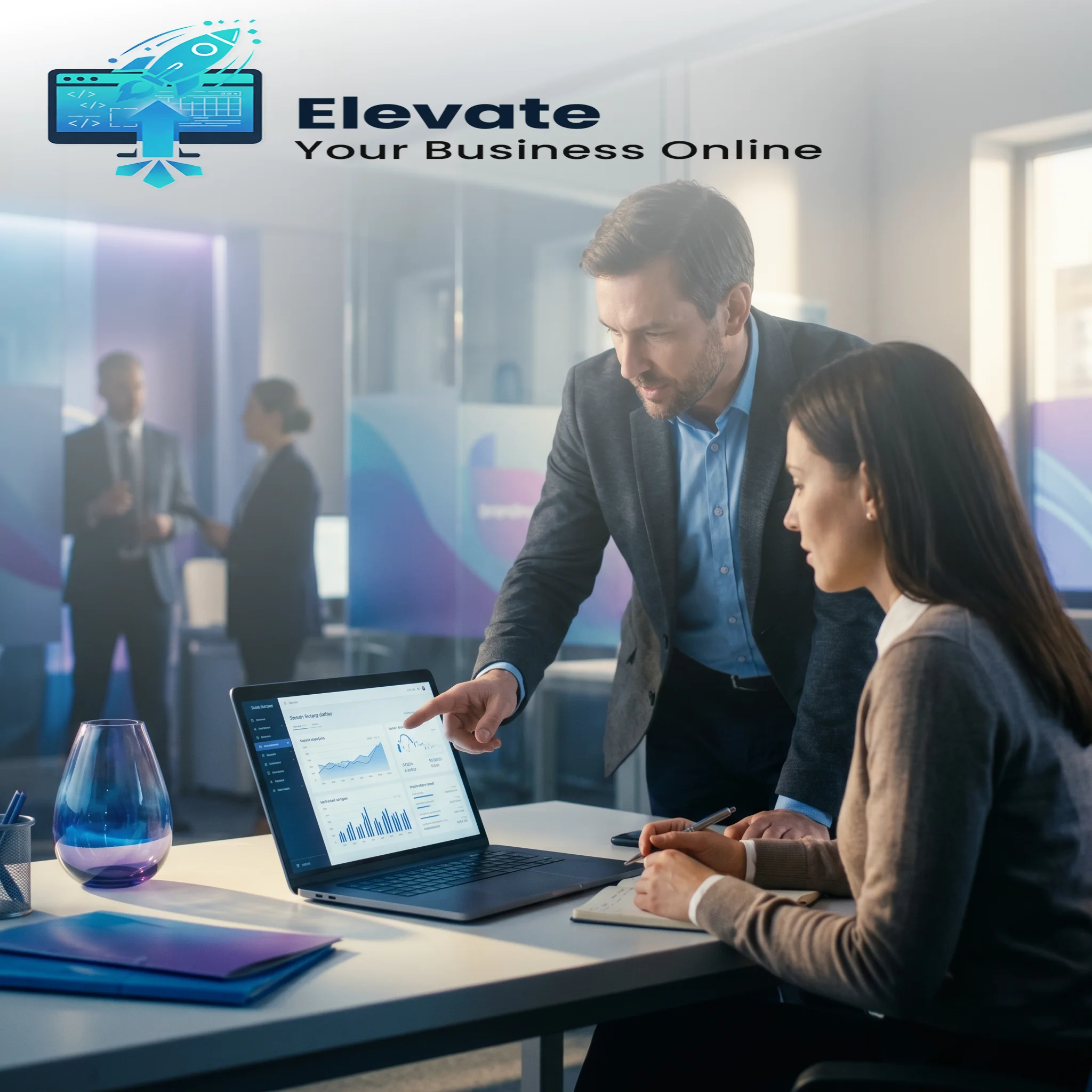 Business consultant reviewing website analytics and growth strategy with a client during a professional office meeting.