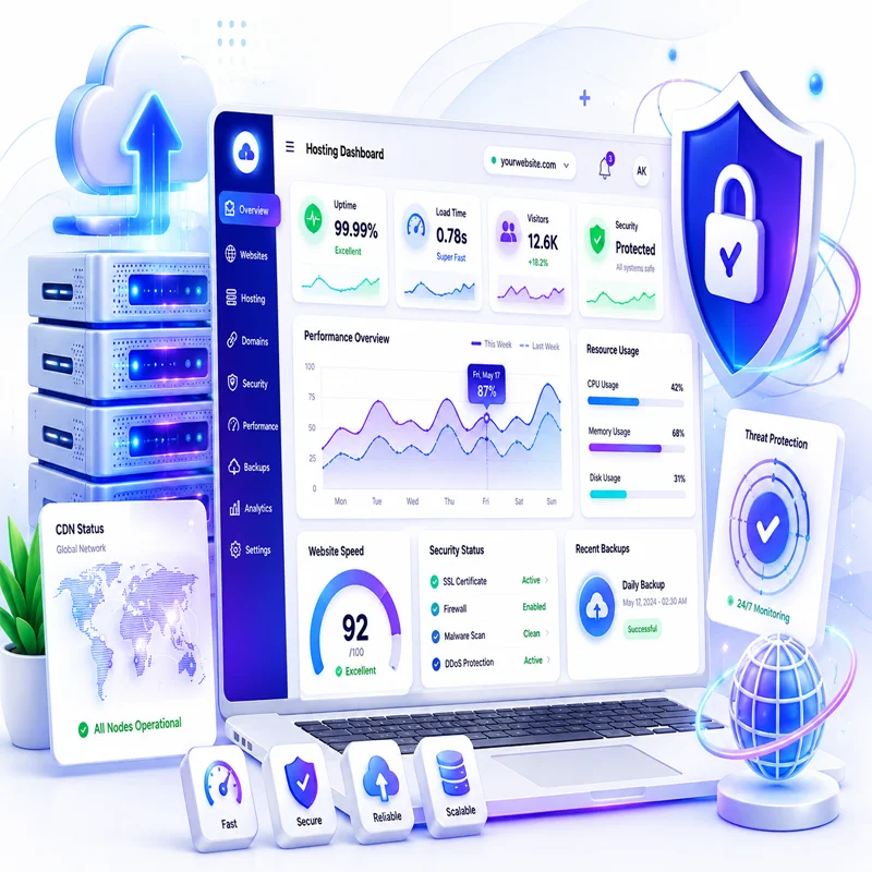 Cloud hosting and website security dashboard displayed on a modern laptop with server infrastructure, cloud storage systems, security shield, performance analytics, uptime monitoring, and website speed optimization metrics. Premium SaaS technology illustration featuring white interface panels, blue and purple glowing accents, secure cloud computing, and business website management tools.