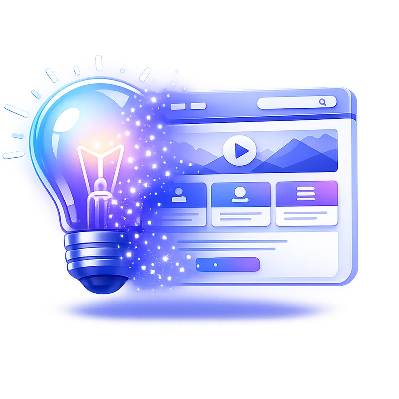 Glowing 3D lightbulb transforming into a modern website interface, symbolizing the conversion of business ideas into a professional online presence. Blue and purple gradient accents, floating particles, and a clean SaaS-inspired design create a modern digital transformation concept.