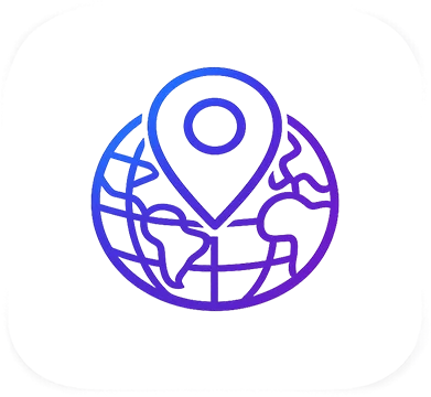 Minimal line-style icon featuring a location pin positioned over a globe, symbolizing worldwide service coverage. Designed with a blue-to-purple gradient, soft shadows, and a transparent background inside a rounded square container.
