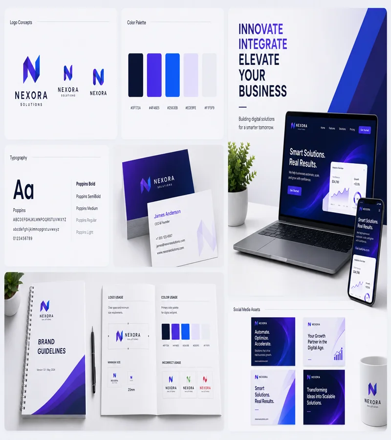 Professional brand identity design workspace featuring logo concepts, color palette swatches, typography samples, branding guidelines, business card mockups, website branding, and social media assets with purple and blue accents in a modern SaaS design studio.