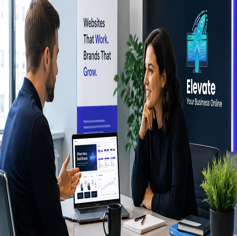 Website designer and small business owner discussing a website project in a modern office, reviewing website wireframes, analytics dashboards, and branding concepts on a laptop, with the Elevate Your Business Online logo displayed on the wall.