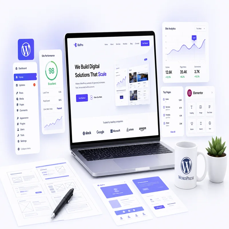 Modern WordPress website development workspace featuring a laptop displaying a professional business website dashboard, floating analytics panels, website wireframes, Elementor-inspired UI components, and performance metrics. Clean white desk with subtle purple and blue accents, premium SaaS branding style, realistic 3D technology illustration.