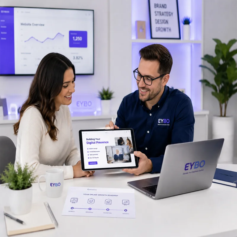 Professional brand identity design workspace featuring logo concepts, color palette swatches, typography samples, branding guidelines, business card mockups, website branding, and social media assets with purple and blue accents in a modern SaaS design studio.