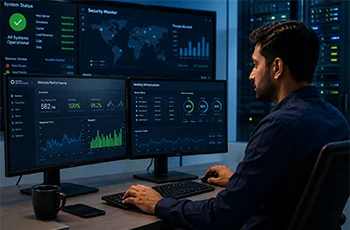 IT professional monitoring website performance and hosting infrastructure on multiple screens in a secure server environment, analyzing uptime, server health, and network performance from a modern workstation.