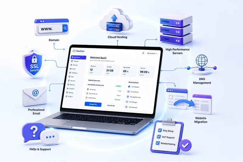 3D illustration of a laptop displaying a web hosting dashboard surrounded by cloud hosting, SSL security, domain management, DNS, professional email, website migration, server, and hosting support icons.