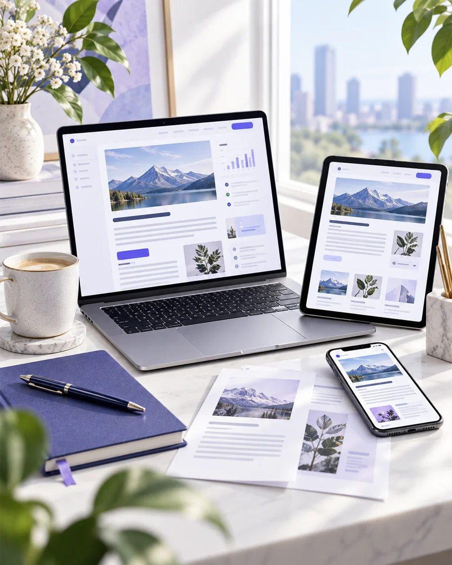 Professional blog writing and SEO content service workspace with laptop, tablet, and smartphone displaying responsive blog layouts.