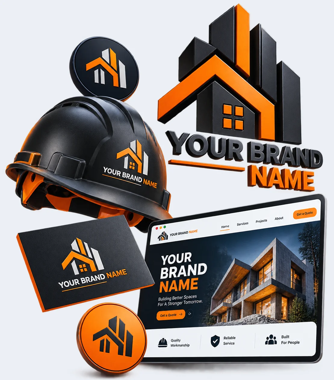 Professional construction logo design shown on a hard hat, business card and website mockup